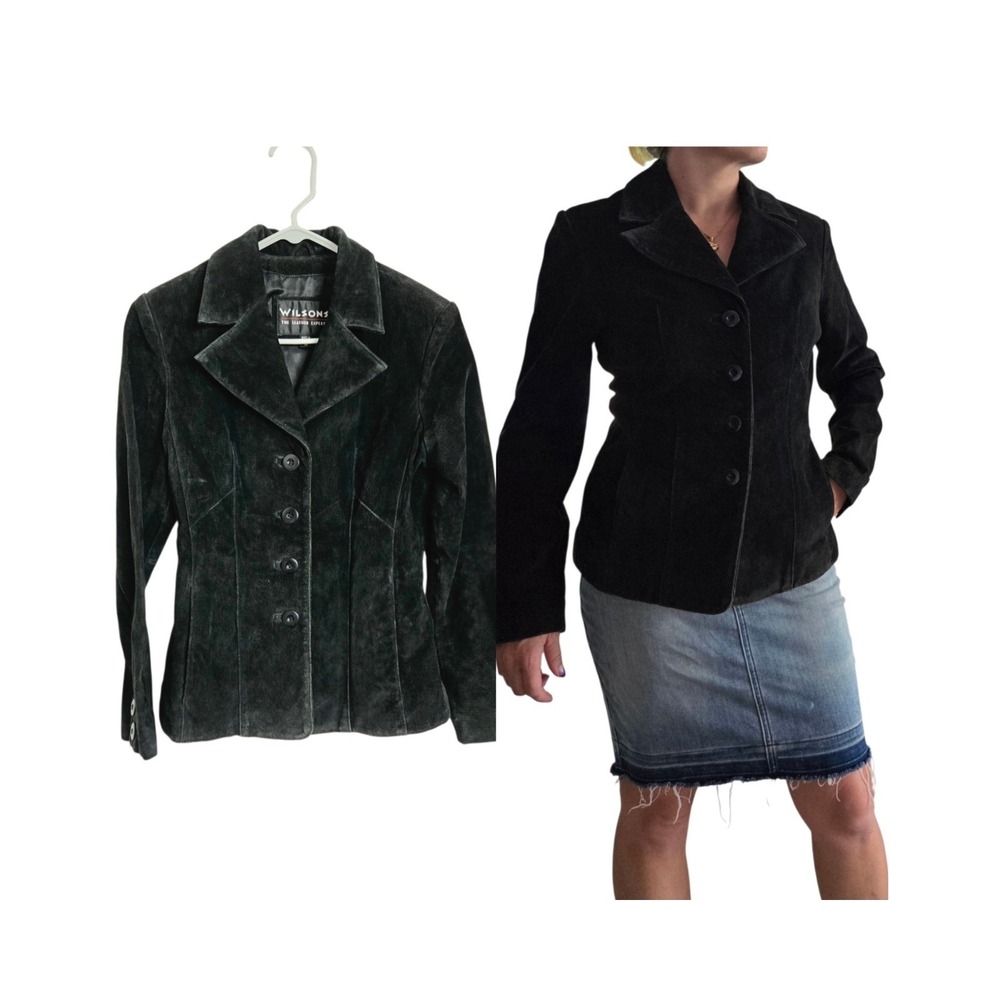 Wilsons VTG Y2K 90s Black Suede Leather Tailored Jacket Women XS Biker Goth Moto